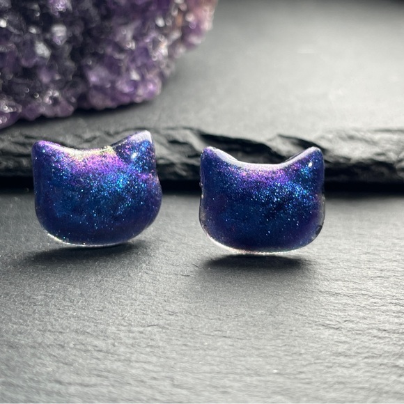 Hand Crafted Other - Custom Purple and Blue Sparkling Cat Hand Crafted Stud Post Earrings